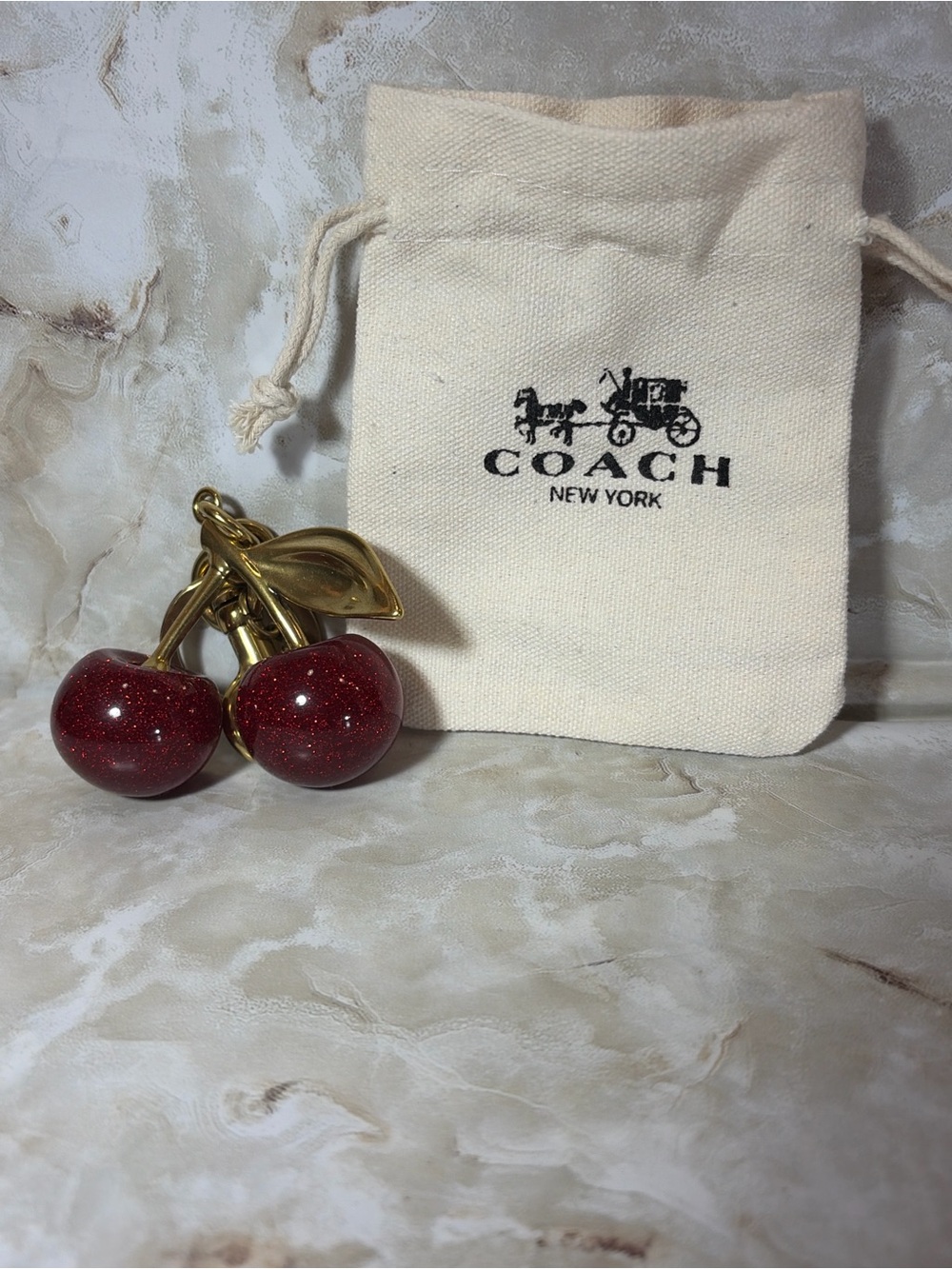 Coach Gold-Tone Keychain with Red Glitter Cherry Charms - Picture 2 of 4